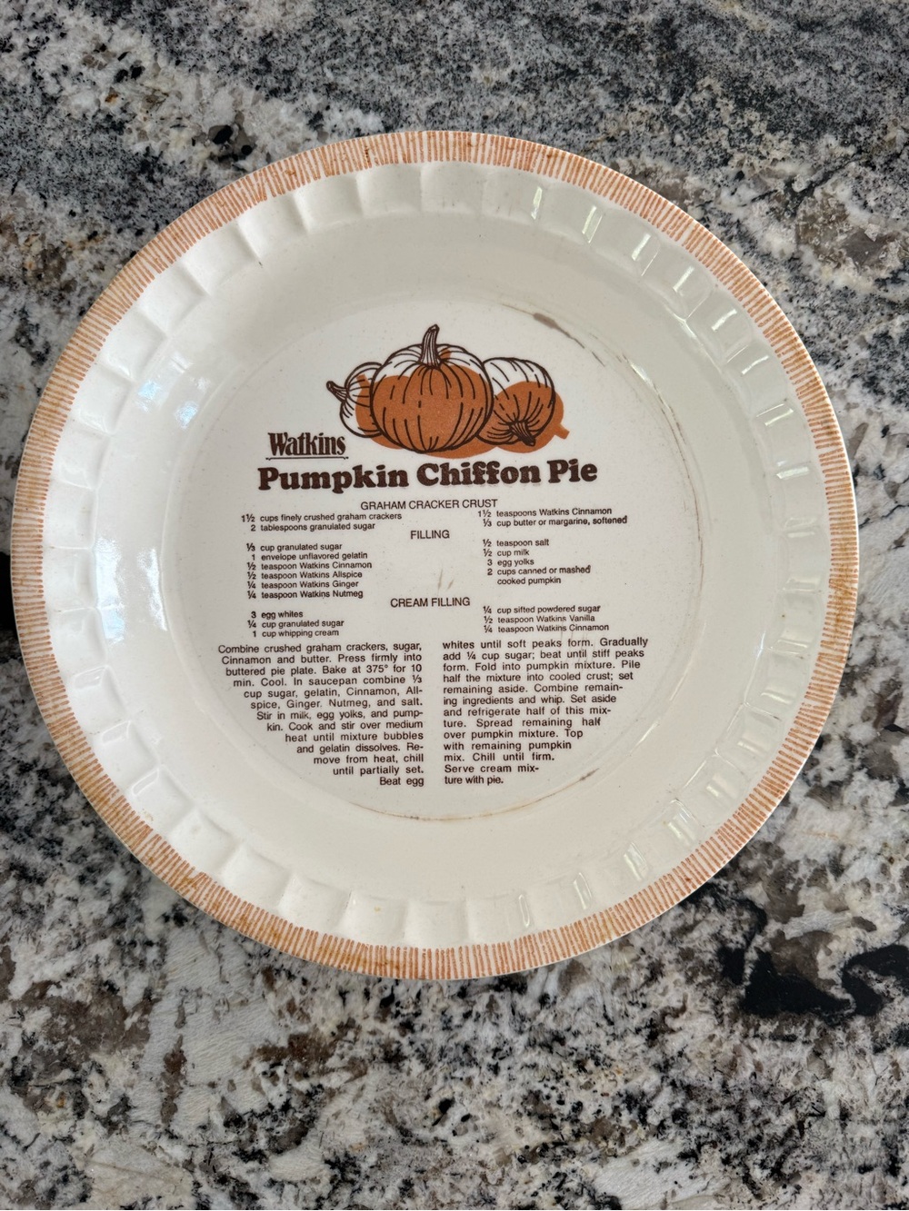 VTG 1981 Watkins Pumpkin Chiffon Pie Plate 11”